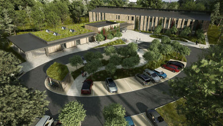 An aerial view of the Wood Centre for Innovation, a 3D illustration.