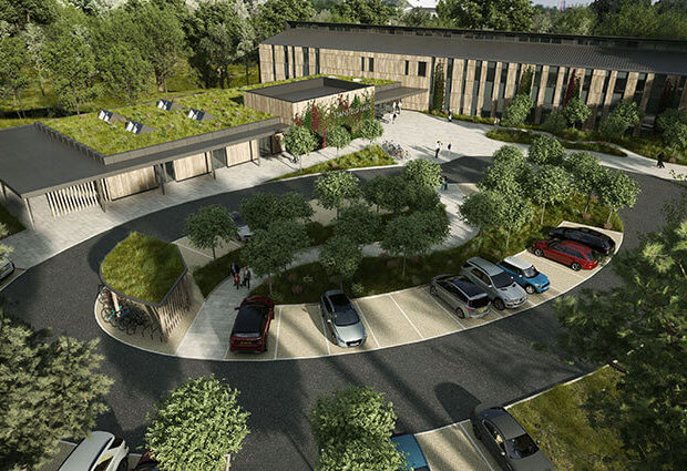 An aerial view of the Wood Centre for Innovation, a 3D illustration.