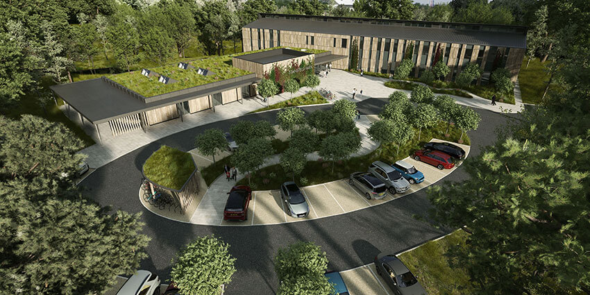An aerial view of the Wood Centre for Innovation, a 3D illustration.