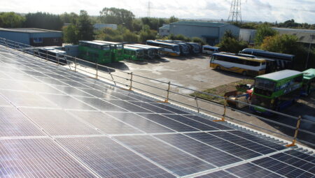Solar panels on the rooftop of Thames Travel, owned and managed by Low Carbon Hub