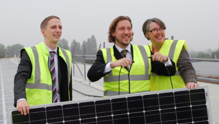 Solar panels on the rooftop of Oxford Bus Company, owned and managed by Low Carbon Hub