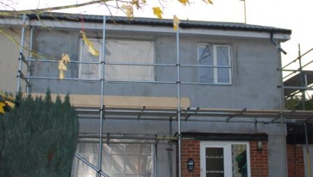 Scaffolding on a home in Middle Barton, during an energy efficiency project