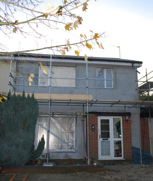 Scaffolding on a home in Middle Barton, during an energy efficiency project