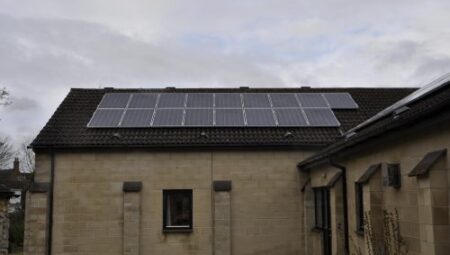 Solar panels on the rooftop of Watchfield Village Hal