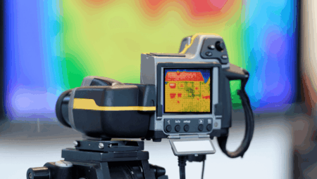 A picture of a thermal imaging camera with a house on the screen.