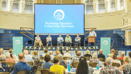 A view of the stage at Low Carbon Hub's event in Oxford Town Hall.