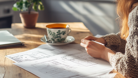 A woman sits at a kitchen table with plans spread out in front of her. Natural daylight comes through a nearby window. She appears thoughtful rather than rushed, with a notebook and a mug beside the papers, suggesting a moment of planning and decision-making about her home.