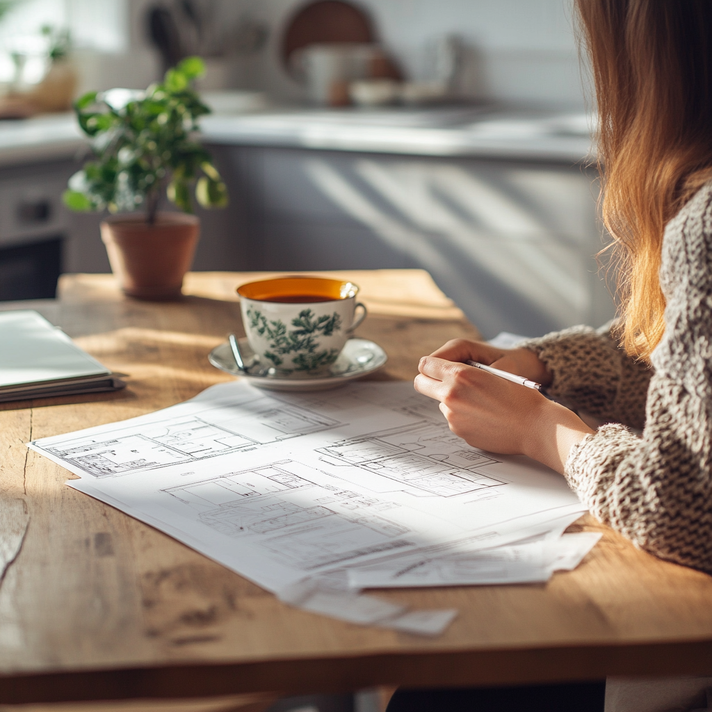 A woman sits at a kitchen table with plans spread out in front of her. Natural daylight comes through a nearby window. She appears thoughtful rather than rushed, with a notebook and a mug beside the papers, suggesting a moment of planning and decision-making about her home.
