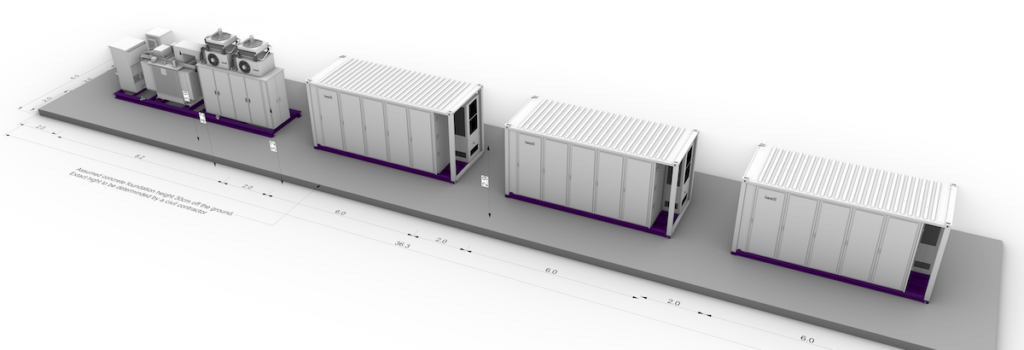 Proposed layout of the Ray Valley Solar battery installation, showing how the containerised storage units, PCS equipment, and transformer are arranged.