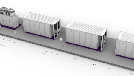 Proposed layout of the Ray Valley Solar battery installation, showing how the containerised storage units, Power Conversion System (PCS equipment), and transformer are arranged.