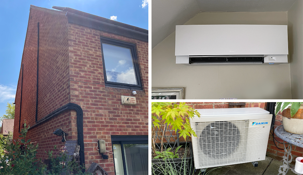 Clockwise: piping to the room in roof; A2A cooling a hot space; the unit outside.